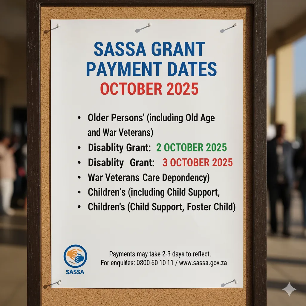 A calendar with the dates for SASSA grant payments highlighted for October 2025.