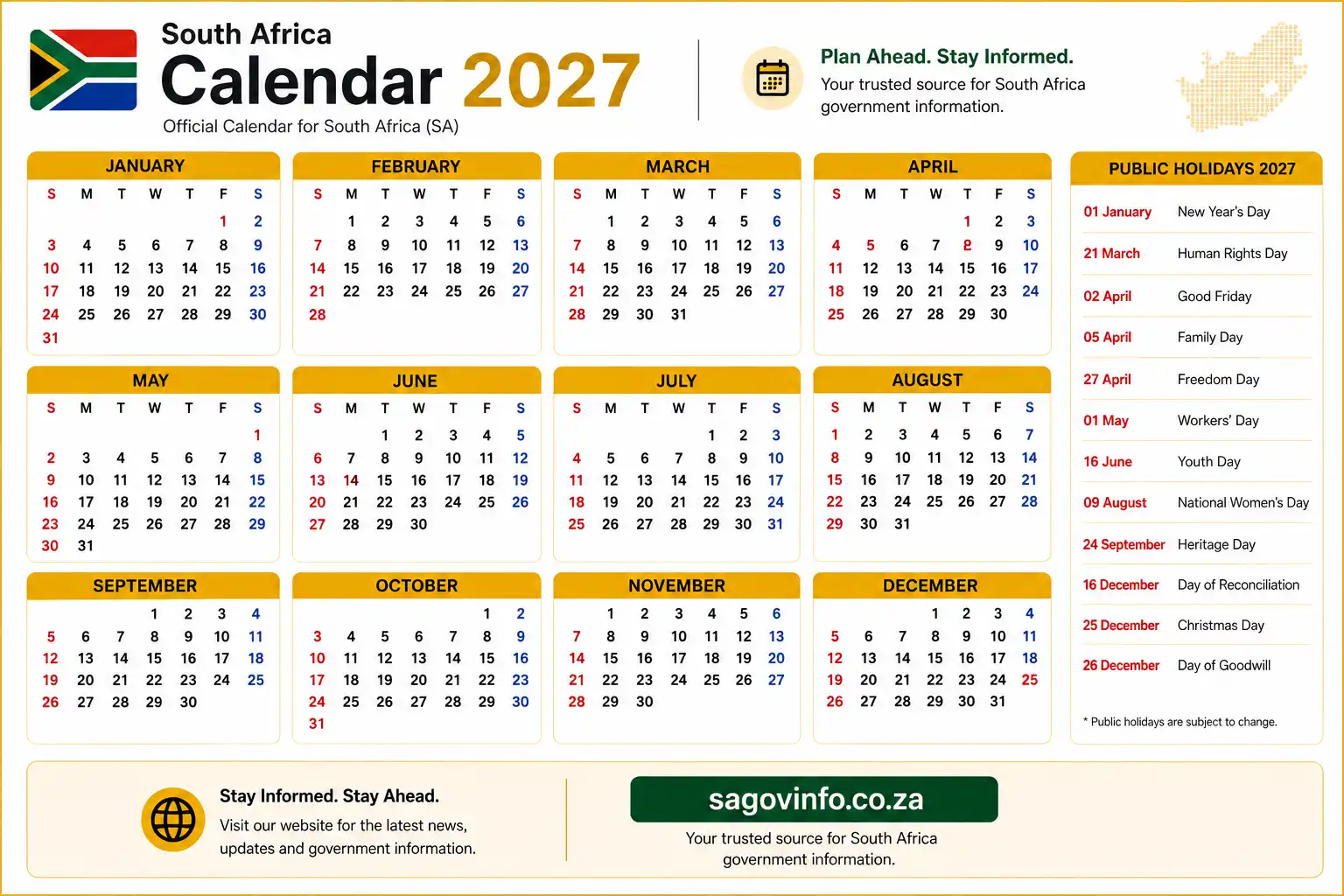 South Africa 2027 Calendar with public holidays