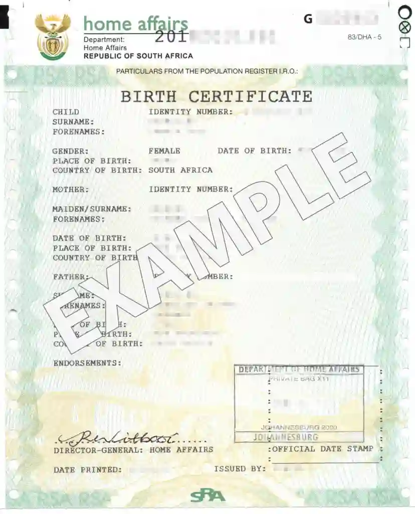 South African unabridged birth certificate sample
