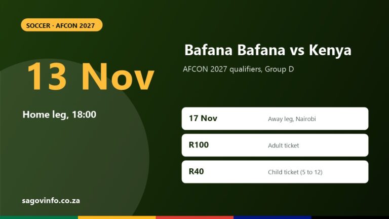 Bafana Bafana vs Kenya AFCON 2027 qualifiers: home leg on 13 November at 18:00 at Orlando Amstel Arena, away leg in Nairobi on 17 November, adult tickets R100, child tickets R40