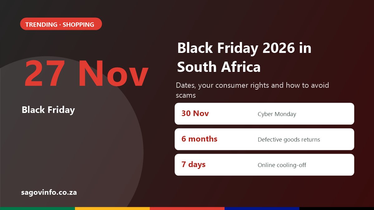 Black Friday 2026 South Africa: Black Friday on 27 November, Cyber Monday on 30 November, six months to return defective goods, seven-day cooling-off for most online purchases