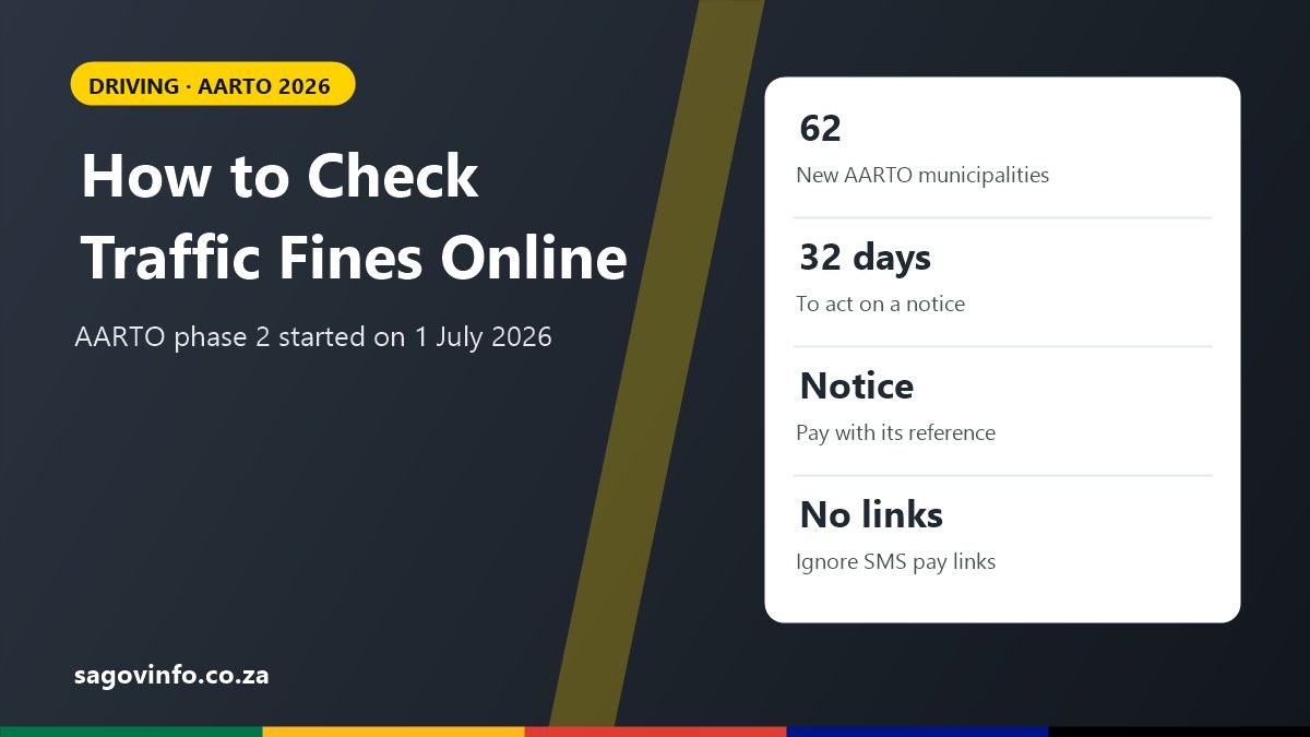 How to Check Traffic Fines Online in South Africa (AARTO 2026 Update) How to check traffic fines online in South Africa: AARTO phase 2 added 62 municipalities on 1 July 2026, act within 32 days of a notice, pay with the reference on the official notice, ignore payment links in SMS messages