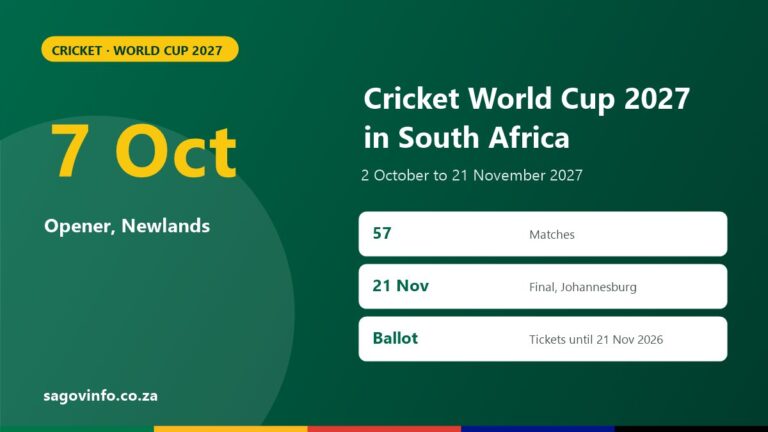 Cricket World Cup 2027 in South Africa: Dates, Venues, Fixtures and Tickets Cricket World Cup 2027 in South Africa: opening match on 7 October at Newlands, 57 matches, final in Johannesburg on 21 November 2027, ticket ballot open until 21 November 2026