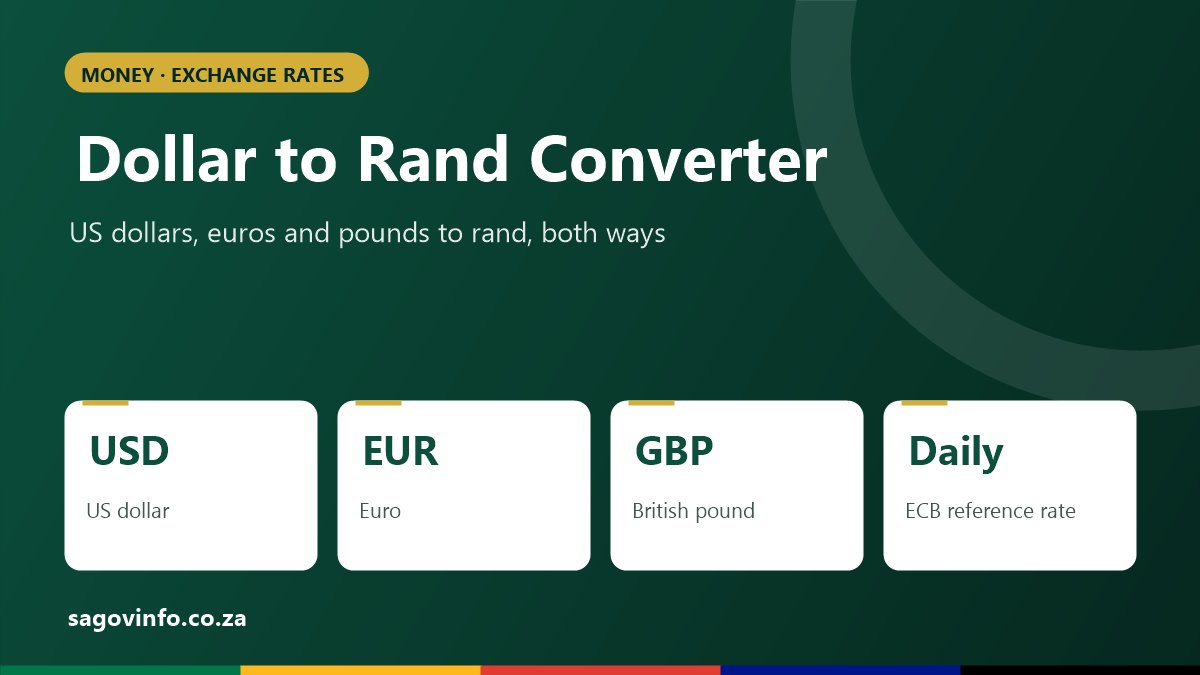 Dollar to rand converter for US dollars, euros and British pounds, using the European Central Bank's daily reference rate