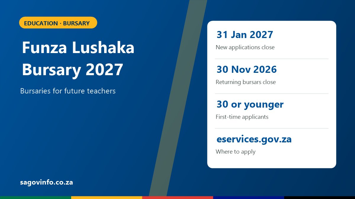 Funza Lushaka Bursary 2027: Closing Dates, Requirements and How to Apply Funza Lushaka Bursary 2027: new applications close 31 January 2027, returning bursars close 30 November 2026, first-time applicants 30 or younger, apply on eservices.gov.za