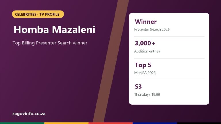 Homba Mazaleni Biography: Top Billing Presenter Search Winner, Studies and Career Homba Mazaleni biography: winner of the Top Billing Presenter Search 2026 from more than 3,000 entries, Top 5 in Miss SA 2023, Top Billing on S3 on Thursdays at 19:00
