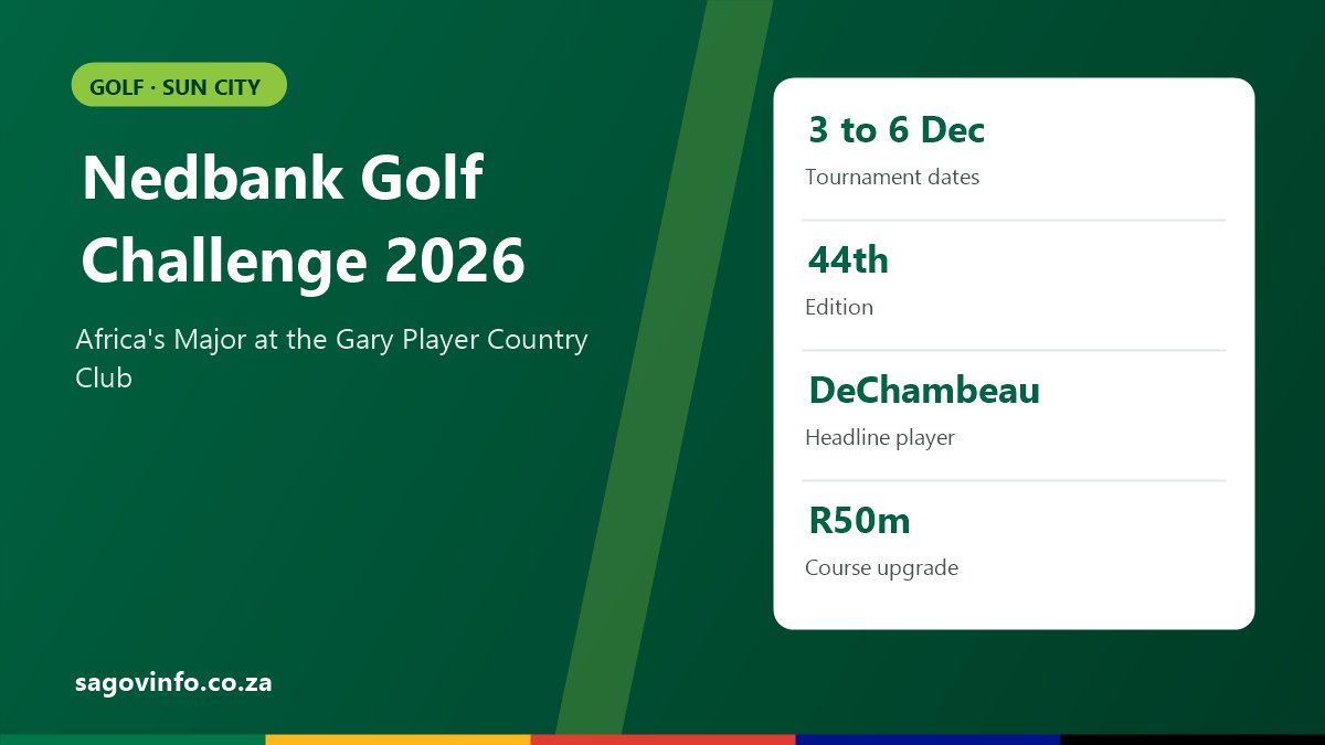 Nedbank Golf Challenge 2026: Dates, Players, Course Changes and Tickets Nedbank Golf Challenge 2026 at Sun City from 3 to 6 December, the 44th edition, Bryson DeChambeau headlines, R50 million course upgrade