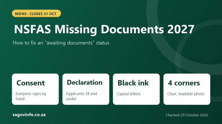 NSFAS missing documents 2027: consent form signed by hand, declaration form for applicants 34 and under, complete forms in black ink and capital letters, upload clear photos with all four corners visible