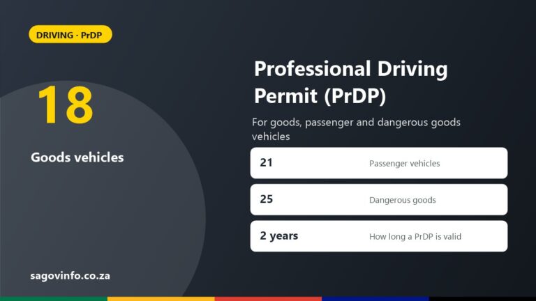PrDP: How to Apply for a Professional Driving Permit in South Africa Professional driving permit: minimum age 18 for goods vehicles, 21 for passenger vehicles, 25 for dangerous goods, valid for two years