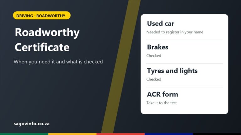 Roadworthy Certificate in South Africa: When You Need It and What Is Checked Roadworthy certificate in South Africa: needed to register a used car in your name, brakes, tyres and lights are checked, take the ACR form to the test