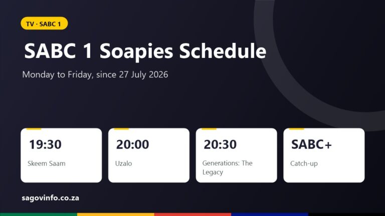 SABC 1 soapies schedule: Skeem Saam at 19:30, Uzalo at 20:00, Generations: The Legacy at 20:30, catch up on SABC+