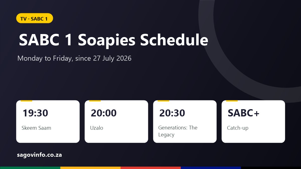 SABC 1 soapies schedule: Skeem Saam at 19:30, Uzalo at 20:00, Generations: The Legacy at 20:30, catch up on SABC+