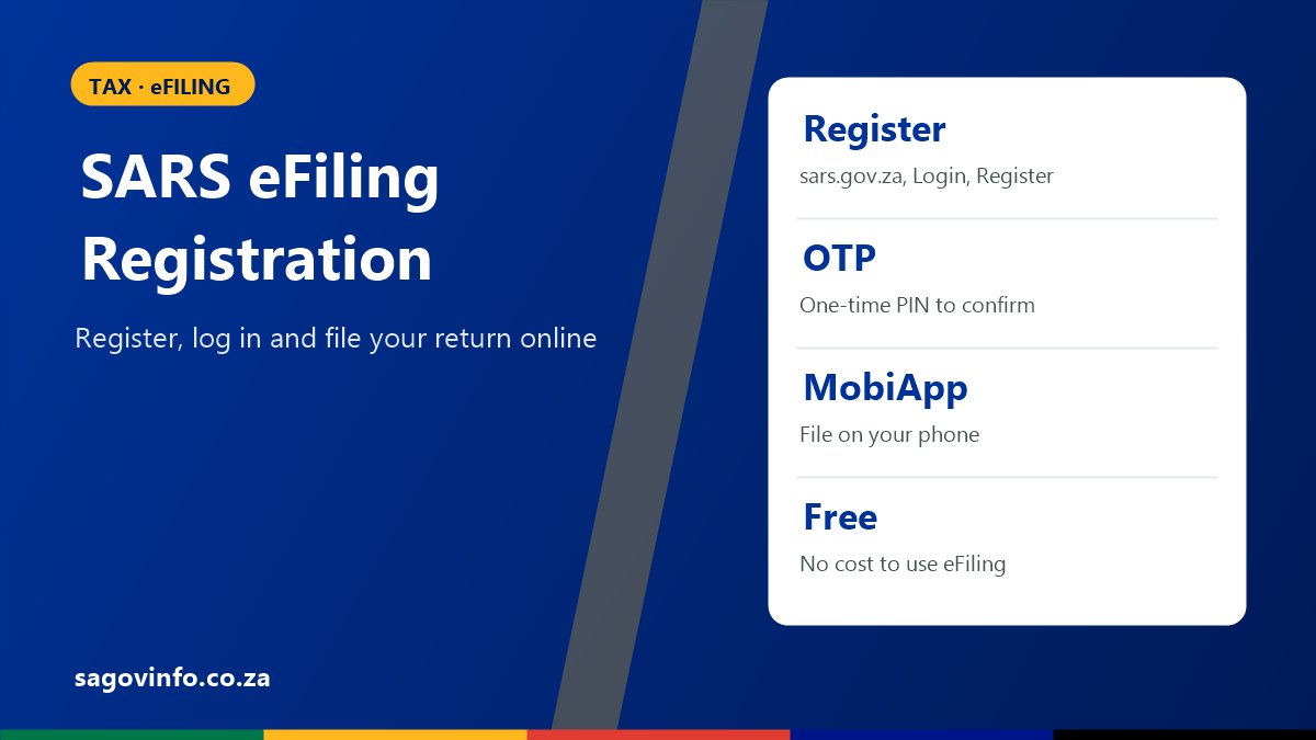 SARS eFiling Registration: How to Register and Log In SARS eFiling registration: register on sars.gov.za, confirm with a one-time PIN, file on the SARS MobiApp, eFiling is free