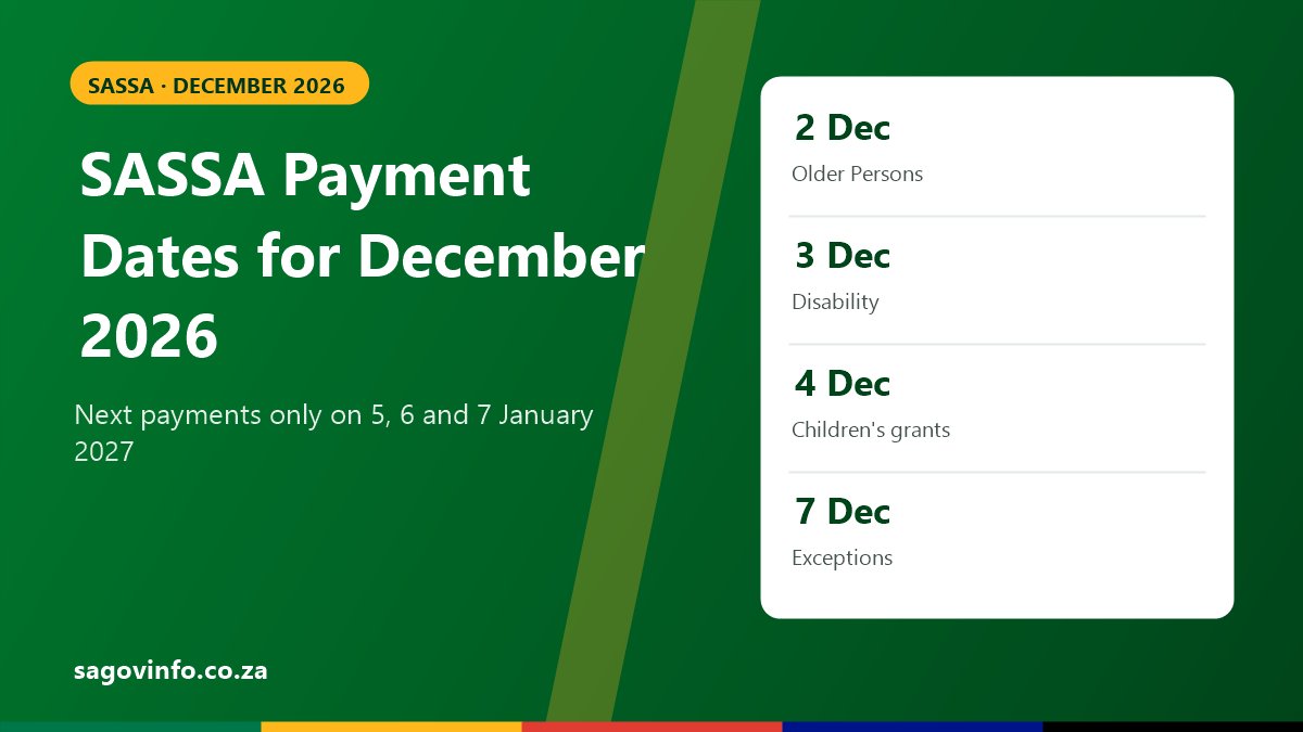 SASSA Payment Dates for December 2026 and the Festive Season SASSA payment dates for December 2026: Older Persons Grant 2 December, Disability Grant 3 December, Children's grants 4 December, exceptions 7 December