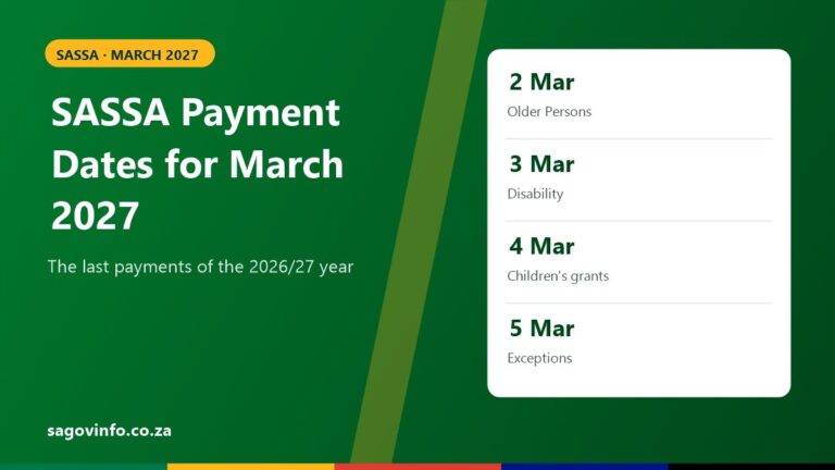 SASSA payment dates for March 2027: Older Persons Grant 2 March, Disability Grant 3 March, Children's grants 4 March, exceptions 5 March