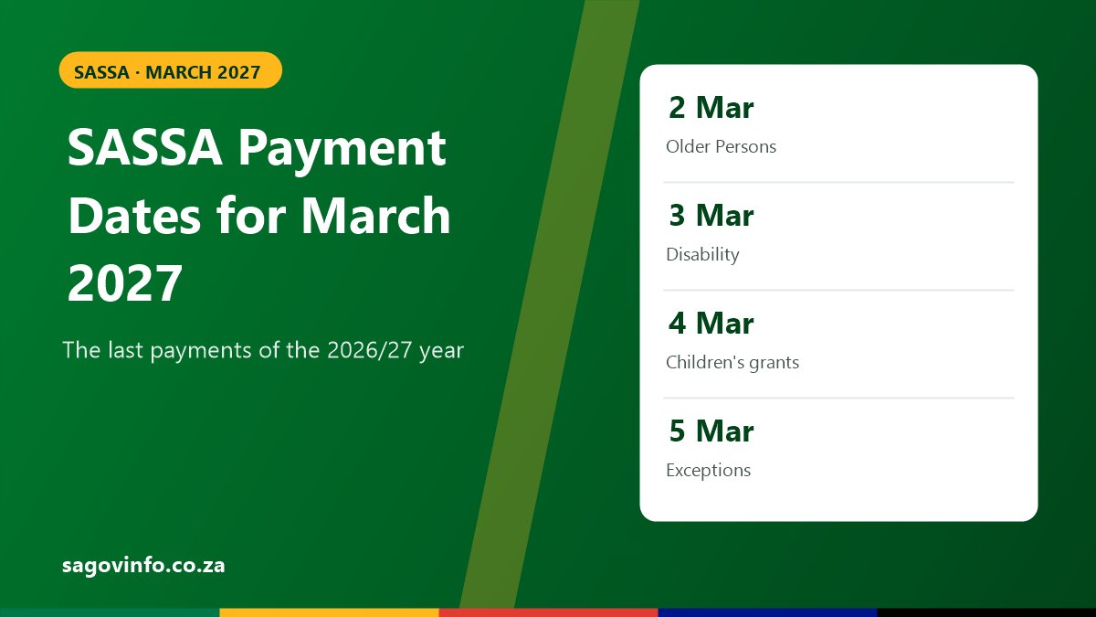 SASSA Payment Dates for March 2027 SASSA payment dates for March 2027: Older Persons Grant 2 March, Disability Grant 3 March, Children's grants 4 March, exceptions 5 March