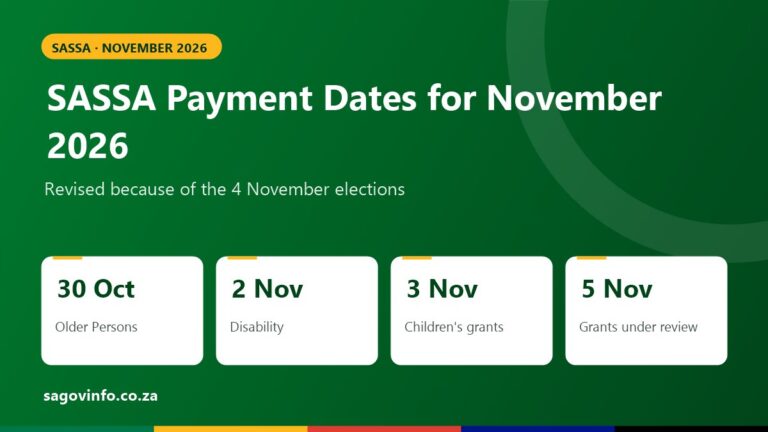 SASSA payment dates for November 2026: Older Persons Grant 30 October, Disability Grant 2 November, Children's grants 3 November, grants under review 5 November