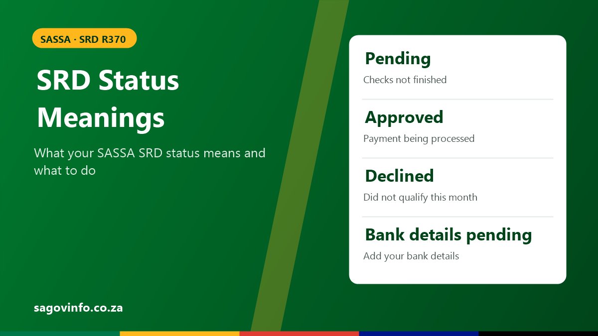SASSA SRD status meanings: pending means checks are not finished, approved means payment is being processed, declined means you did not qualify that month, bank details pending means add your banking details
