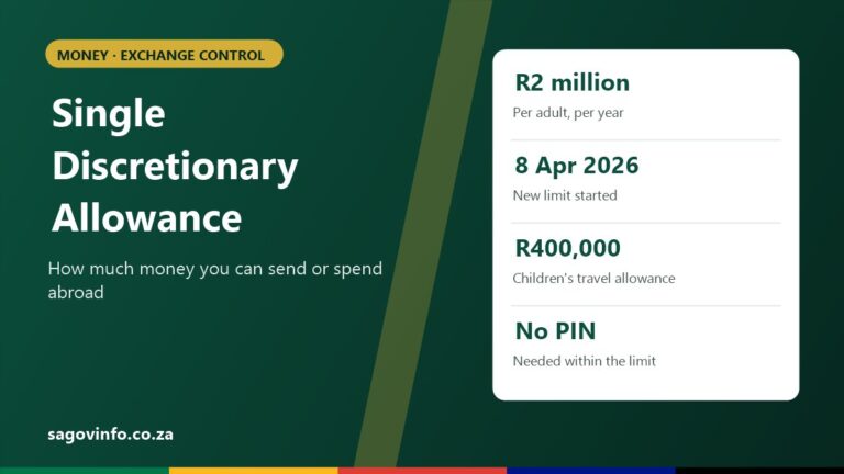 Single discretionary allowance: R2 million per adult per year from 8 April 2026, R400,000 travel allowance for children, no SARS PIN needed within the limit