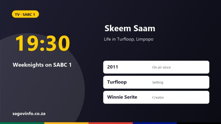 Skeem Saam guide: weeknights at 19:30 on SABC 1, on air since 2011, set in Turfloop, created by Winnie Serite