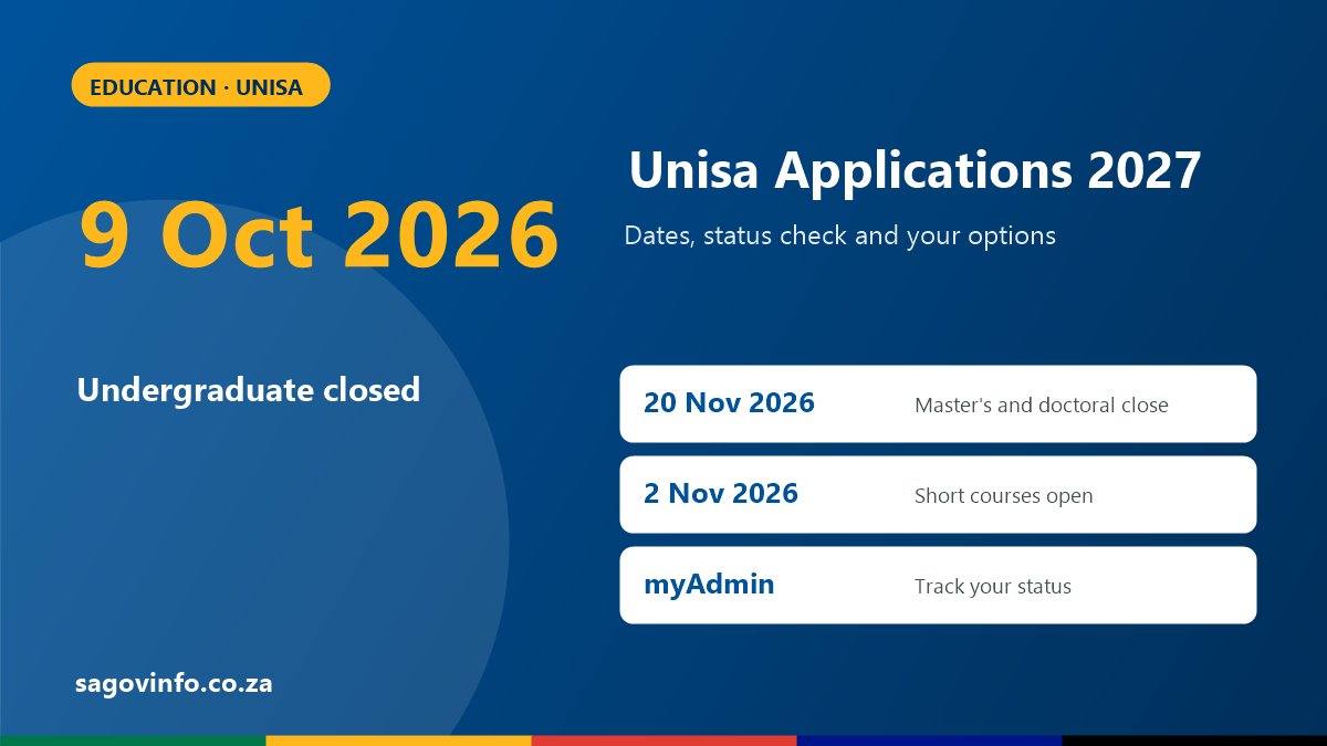 Unisa applications 2027: undergraduate closed 9 October 2026, master's and doctoral close 20 November 2026, short courses open 2 November 2026, track status on myAdmin