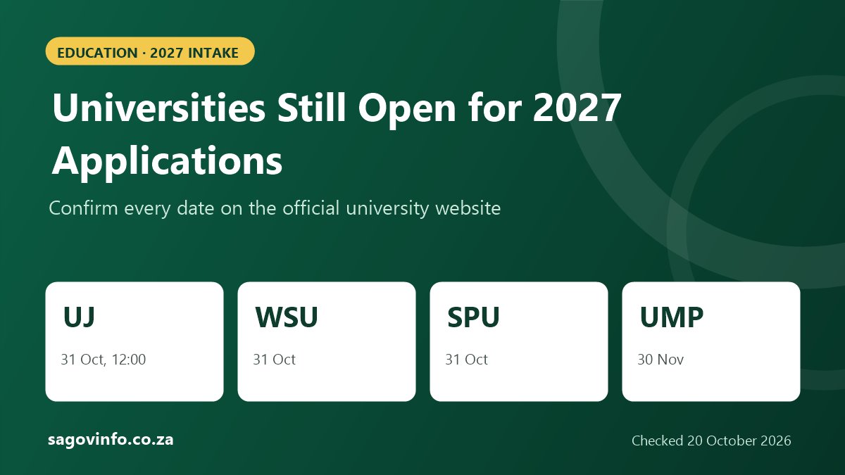 Universities Still Open for 2027 Applications in South Africa Universities still open for 2027 applications: University of Johannesburg until 31 October at 12:00, Walter Sisulu University 31 October, Sol Plaatje University 31 October, University of Mpumalanga 30 November